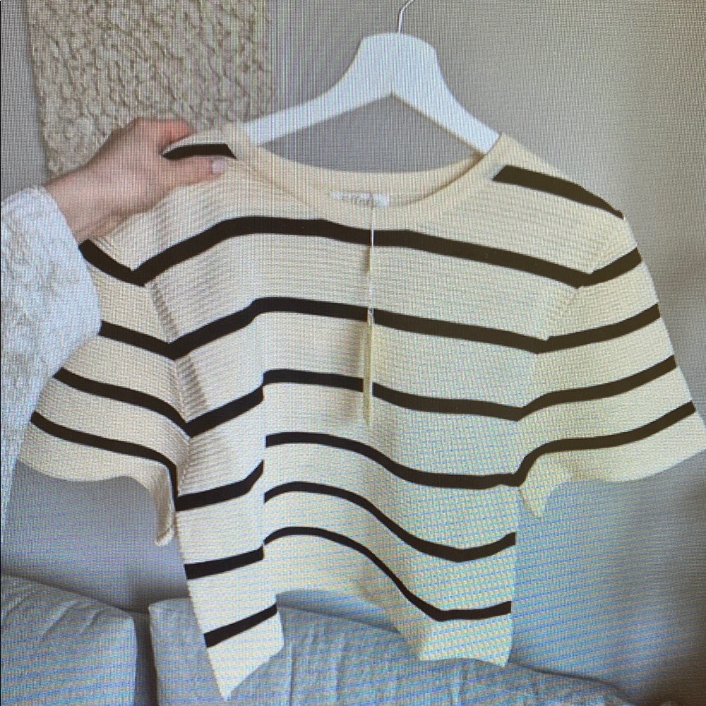 Cream and Brown Ribbed Crop Polo T-Shirt